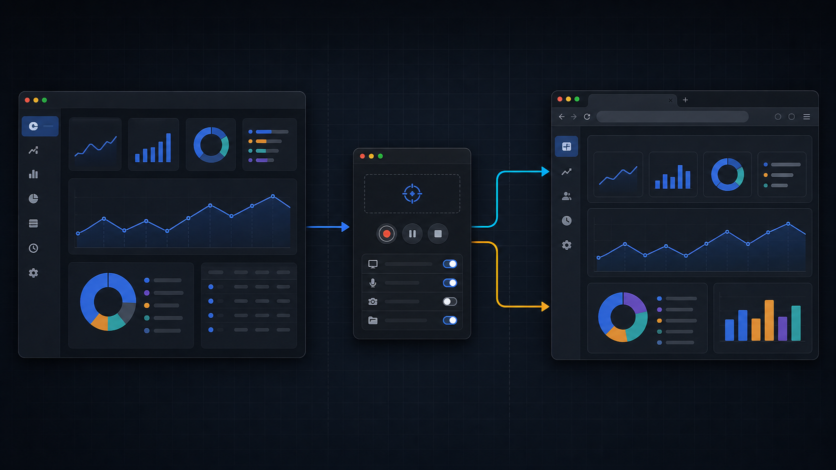 Mac quickstart diagram showing the Mac app, separate Capture recorder, and Web dashboard connected by arrows